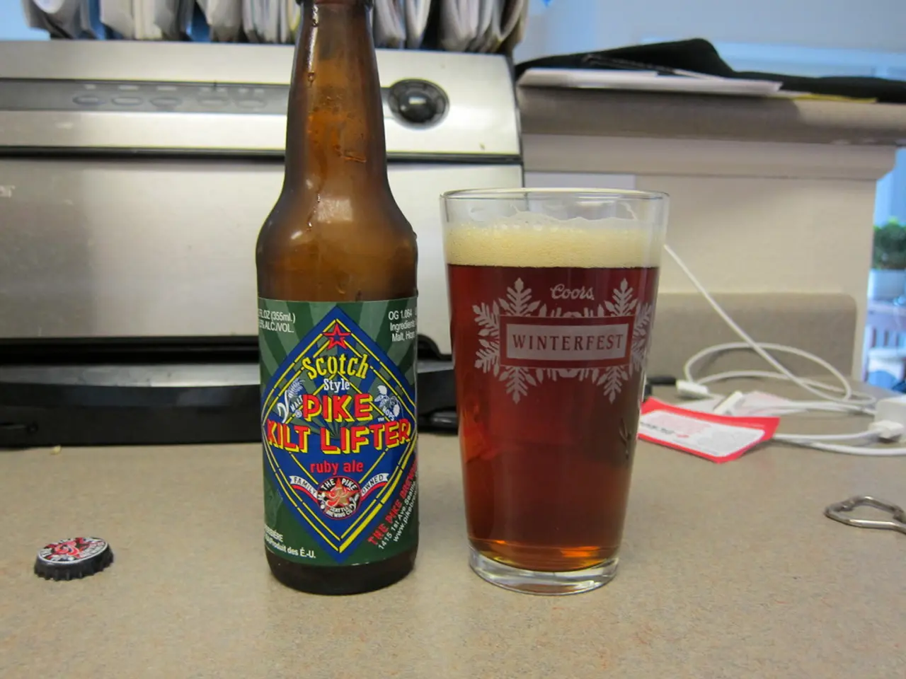 This image consists of a bottle scotch and a glass are kept on the table. In the background, there...