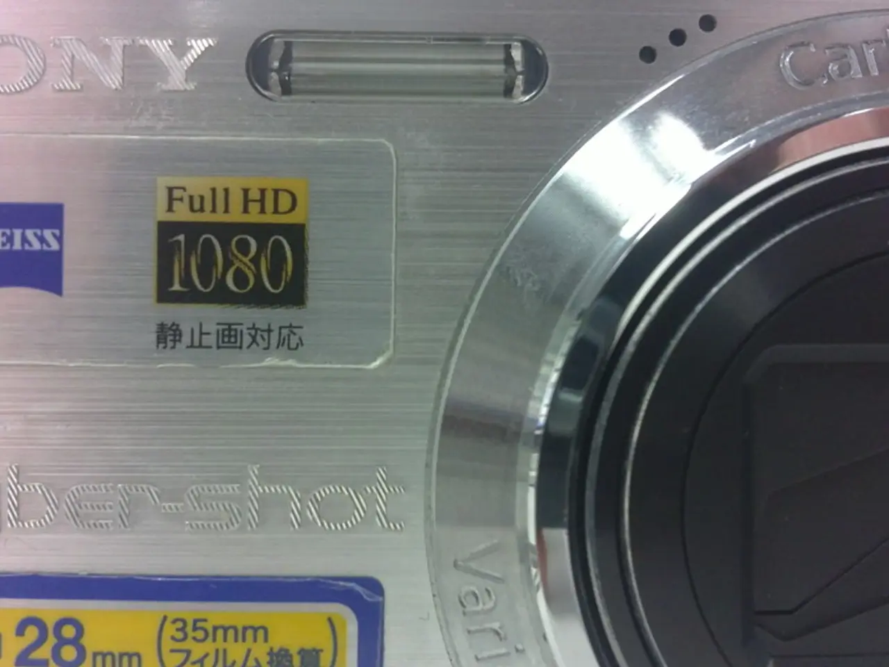In the image in the center we can see one camera. On camera,it is written as "Sony Cyber Shot".