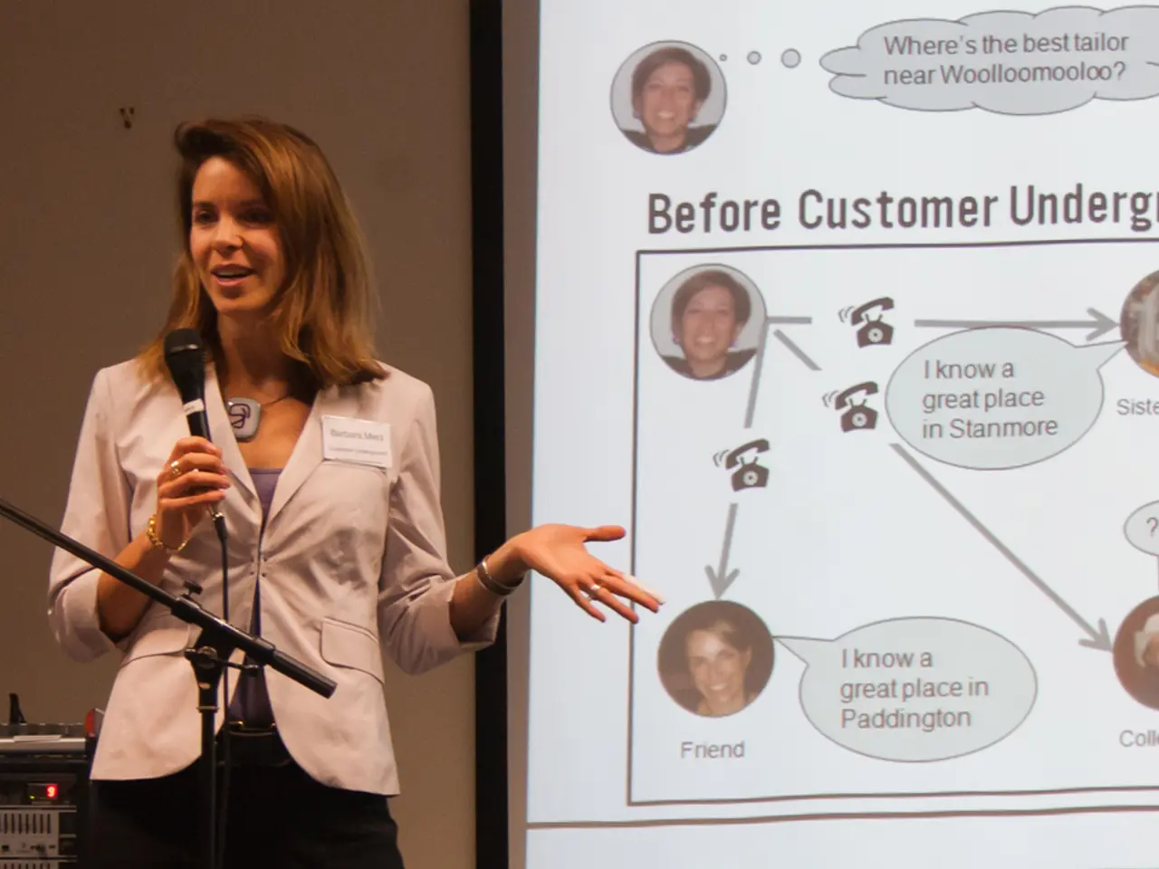 A lady with jacket is standing. She is holding a mic in her hand. And she is talking. To the left...