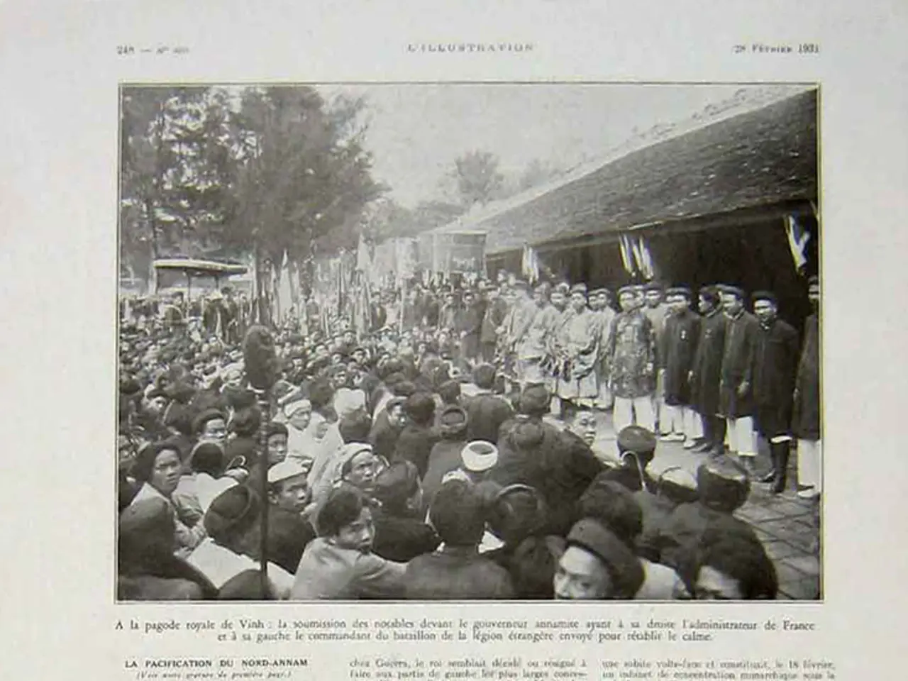 In this picture we can see a paper, in the paper we can find some text, group of people and trees.