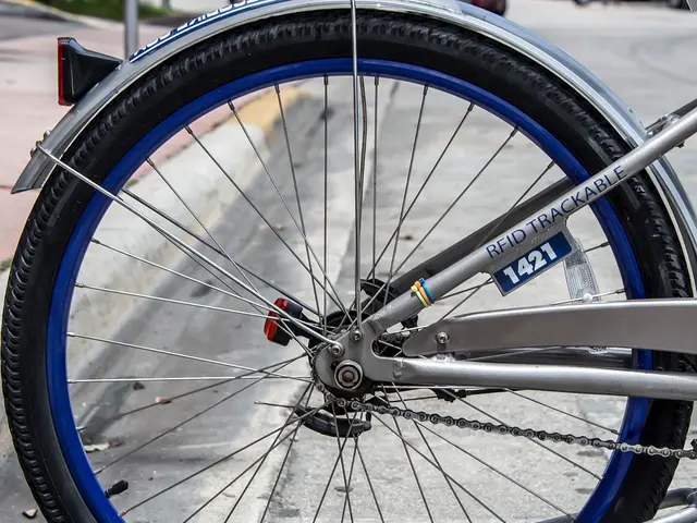 This picture shows a bicycle. It is grey in color and blue color to the rim.