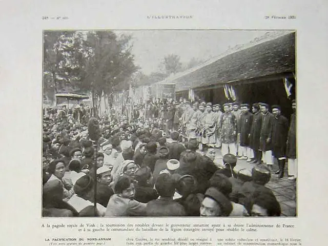 In this picture we can see a paper, in the paper we can find some text, group of people and trees.