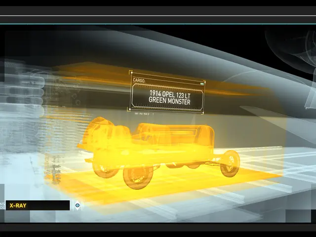 In this image I can see x-ray screen, in the screen I can see a vehicle in gold color and the...