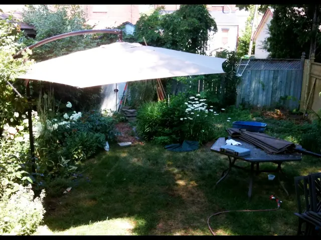 In this image I can see the tent. To the side of the text there is a table and there is an umbrella...