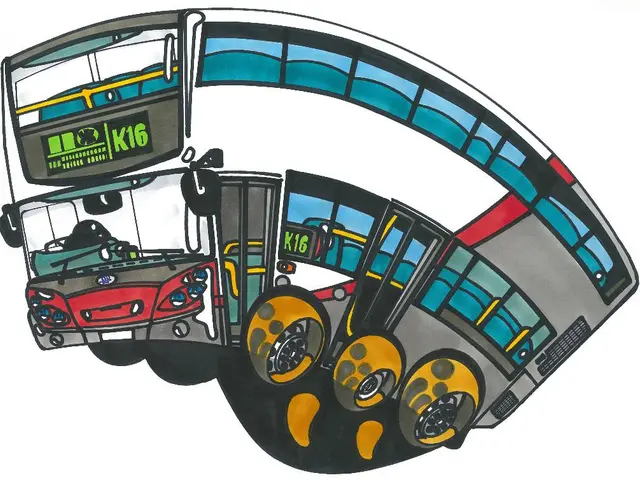 In this image there is a painting of a bus. There are different color used for it.