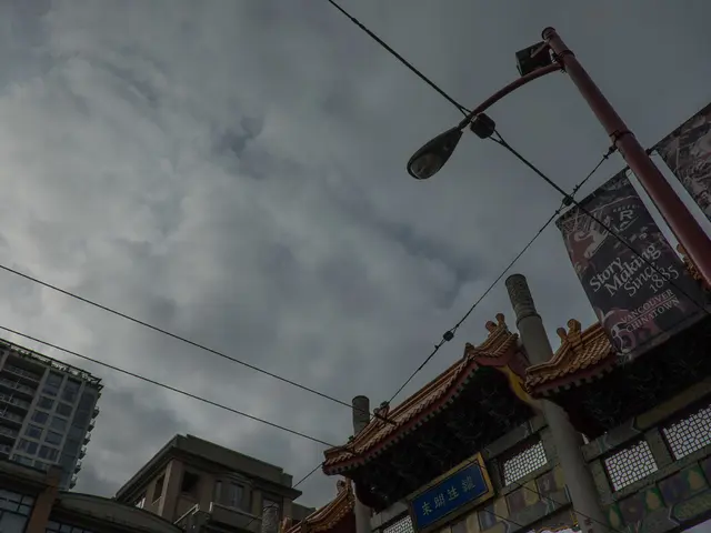 At the bottom of the image we can see some buildings, poles and banners. At the top of the image we...